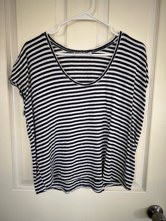 Frame Denim Tops - FRAME Striped Linen Tee Blue White Scoop Neck Raw Edge Top Organic Linen